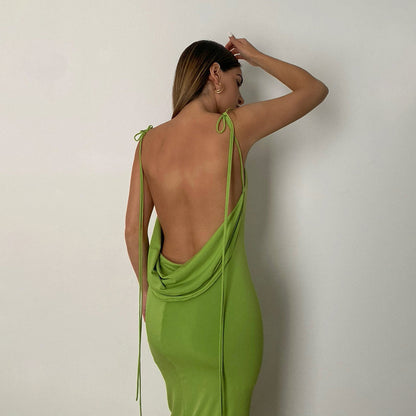 Cryptographic Elegant Spaghetti Strap Sexy Backless Draped Maxi Dress for Women Sleeveless Night Club Party Long Dresses Summer